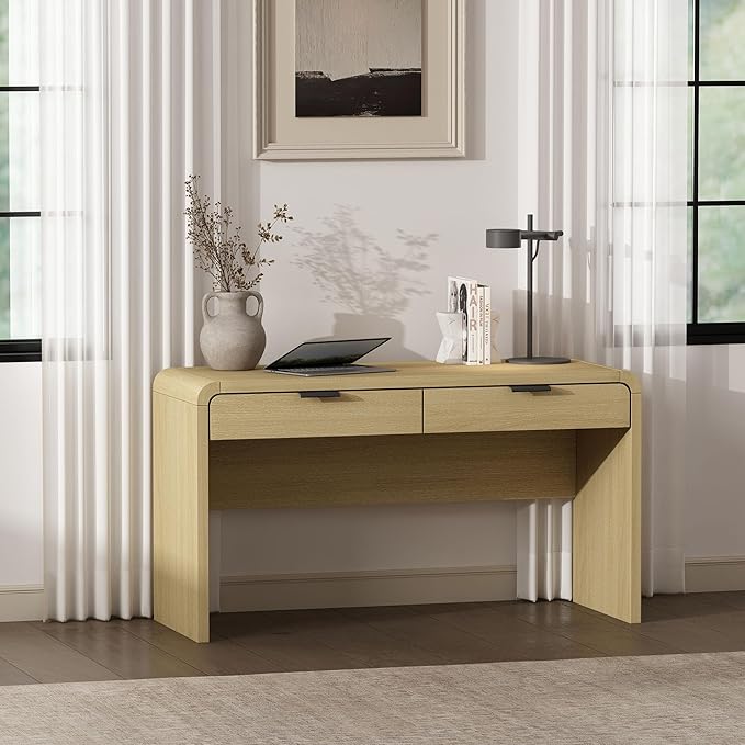 Manhattan Comfort Grace 54" Modern Home Office Desk with Drawers, Metal Handles, and Ample Workspace, Stylish Wood Table for Writing, Vanity, Work or Study, Natural Oak & Black