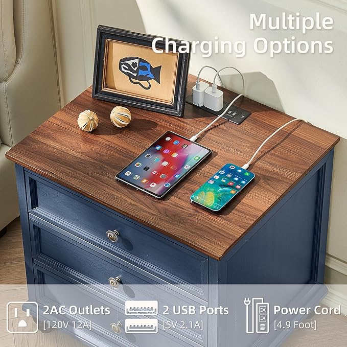 Farmhouse Nightstand with Charging Station, 24" Wide End Table with 3 Drawers,Blue Wood Dresser for Bedroom, Bed Side Table Chest of Drawers Cabinet,Night Stand for Living Room, Closet