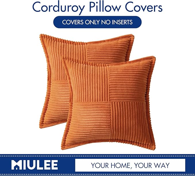 MIULEE Orange Fall Decorative Throw Pillow Covers for Couch Bed Livingroom 18x18 Inch Set of 2 Boho Accent Throw Pllows Broadside Striped Patchwork Soft Corduroy Pillowcases