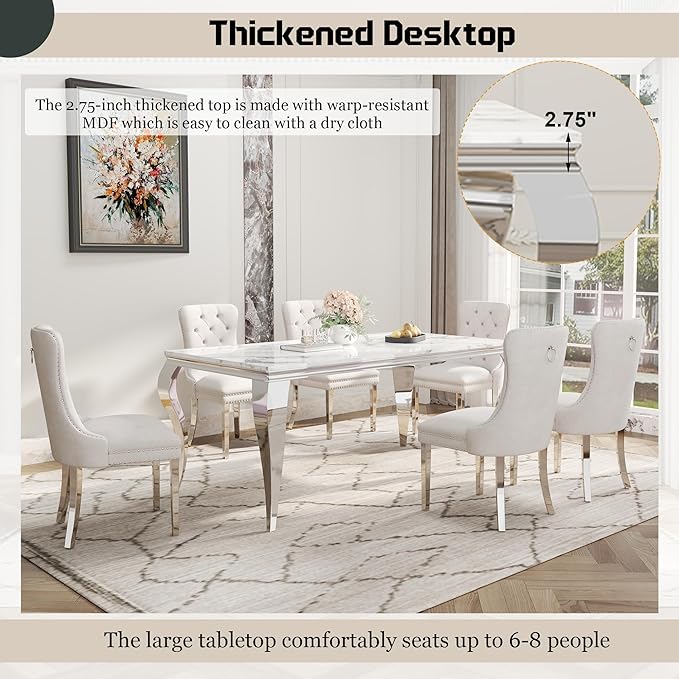 7-Piece Dining Table Set for 6, Faux Marble Dining Table Set with 70'' Marble Dinner Table and 6 Velvet Wing Back Chairs for Kitchen, Dining Room, White & Silver