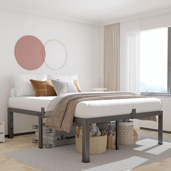ROIL 16 Inch Queen Bed Frame with Rounded Corner and Headboard Hole Mattress Retainers 3500LBS Metal Heavy Duty Steel Slats No Box Spring Needed Platform Noise-Free Easy Assembly