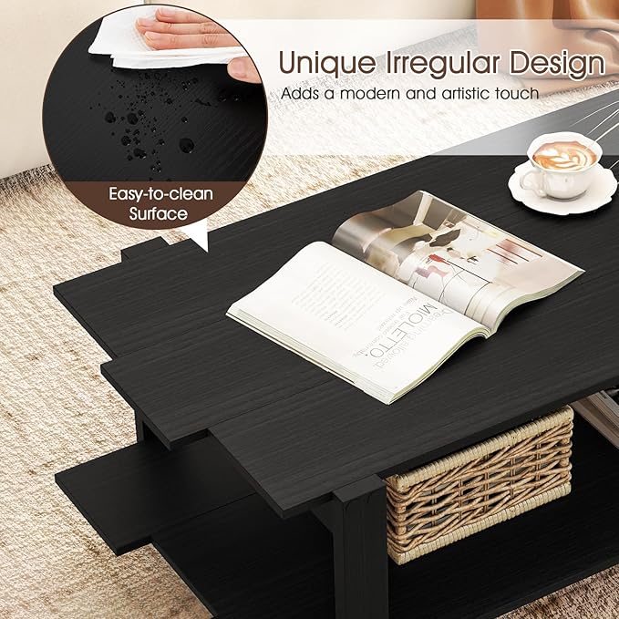 GOFLAME Wood Coffee Table with Storage, 2-Tier Irregular Center Table with Open Storage Shelf, Modern Accent Tea Table for Living Room, Home Office, Reception Room (Black)