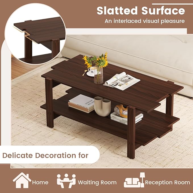 Giantex Coffee Table with Storage, 45 Inch Modern Center Table with Slatted Design & Side Rail Support, Rectangular Living Room Table for Small Spaces, Walnut