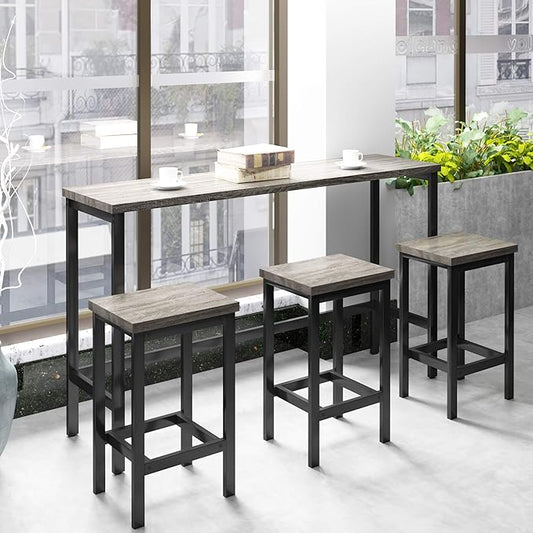 Harper & Bright Designs 4-Piece Dining Table Set, 60.2" L Solid Wood Dining Table with 3 Stools and Metal Frame for Kitchen Dining Room, Antique Grey + Black