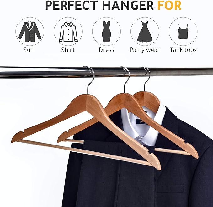 Quality Wooden Hangers - Slightly Curved Hanger Set - Solid Wood Coat Hangers with Stylish Chrome Hooks - Heavy-Duty Clothes, Jacket, Shirt, Pants, Suit Hangers (Natural, 10)