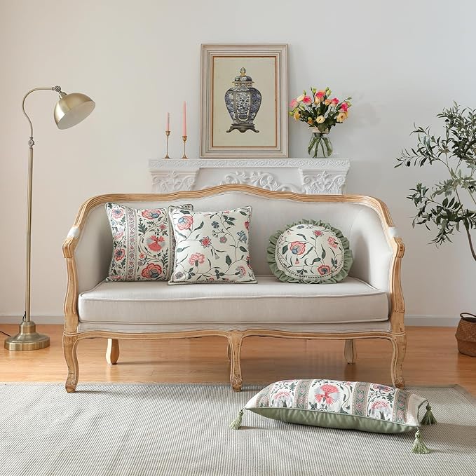 Design Square Retro Elegance Linen Throw Pillow Covers 18"x18" Pack of 2, Green Pink Floral Pattern Cushion Covers Decor Pillowcases for Bed,Living Room,Outdoor,Car
