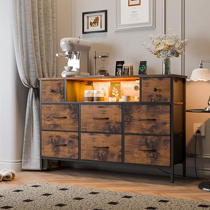 Fixwal TV Stand Dresser for Bedroom with Storage and LED Lights, Rustic Brown 55" TV Stand with 8 Drawers, Fabric Chest of Drawers with Wood Grain Finish for Entryway