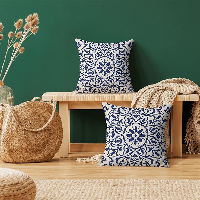 Navy Blue Boho Pillow Covers 24x24 Set of 2, Bohemian Ethnic Carpet Pattern Design Decorative Throw Pillows Linen Blue Print Farmhouse Cushion Pillow Covers for Sofa Couch Outdoor Decor