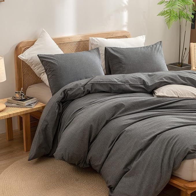 BESTOUCH Duvet Cover Set 100% Washed Cotton Linen Feel Super Soft Comfortable Chic Lightweight 3 PCs Home Bedding Set Solid Dark Grey Queen