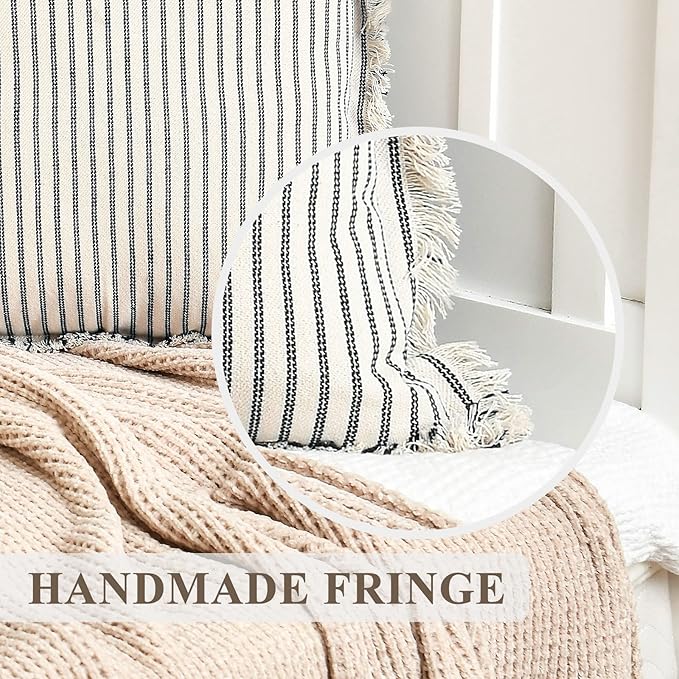 ZWJD Throw Pillow Covers 20x20 Set of 2 Striped Pillow Covers with Fringe Chic Cotton Decorative Pillows Square Cushion Covers for Sofa Couch Bed Living Room Farmhouse Decor