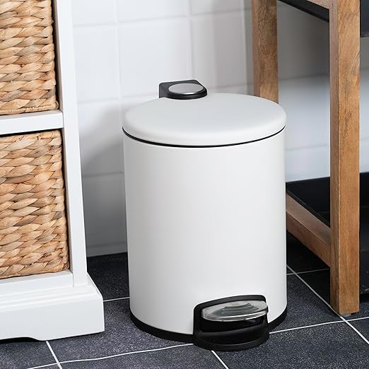 ACENTO 1.3 Gal Round Bathroom Trash Can with Lid – Stainless Steel Small Trashcan with Soft Close Pedal & Removable Liner – Compact Waste Bin for Bathroom, Bedroom, Dorm, Office – Matte White