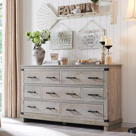 RedLemon Farmhouse 7 Drawer Dresser for Bedroom, Wood Large Chest of Drawers with Thick Plank Styling, Rustic Closet Dresser for Living Room, Light Rustic Oak
