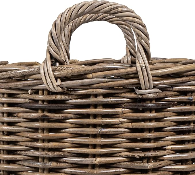 happimess BSK1000A-3SET Ternion Cottage Hand-Woven Rattan Nesting Wicker Storage Baskets w/ Handles, Seagrass Container for Decoration in Bedroom, Living Room, Laundry Room, Kubu Gray/White (Set of 3)