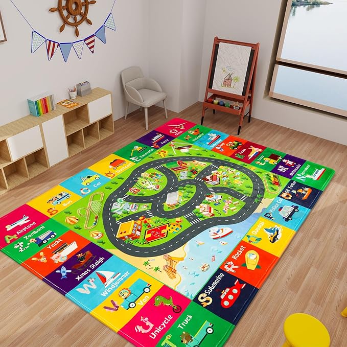 Kids Rugs Traffic Road Carpet Play Rug 118"×78.7" for Playroom Transportation ABC Educational Mat Alphabet Area Rug, Kid Playtime Collection Toddler Car Track Rug Cute Cartoon Animal Letters