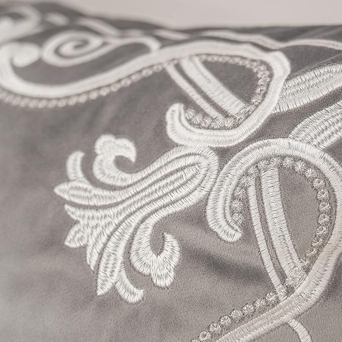 Aeckself European Floral Pillow Cover 20x20 Inch, Luxury Velvet Embroidered Decorative Throw Pillow Cover for Couch Bedroom Living Room, Grey and White