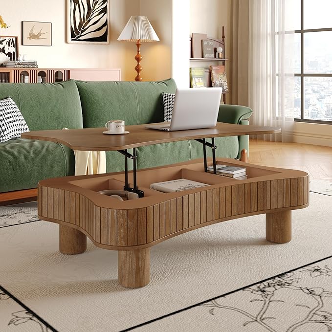 42.5'' Modern Lift Top Coffee Table for Living Room, Solid Wood Center Table, Fluted Panel Design, Storage Compartments, 42.5x27.2 Inch Surface, Hydraulic Lift Mechanism, Easy Assembly (Walnut)