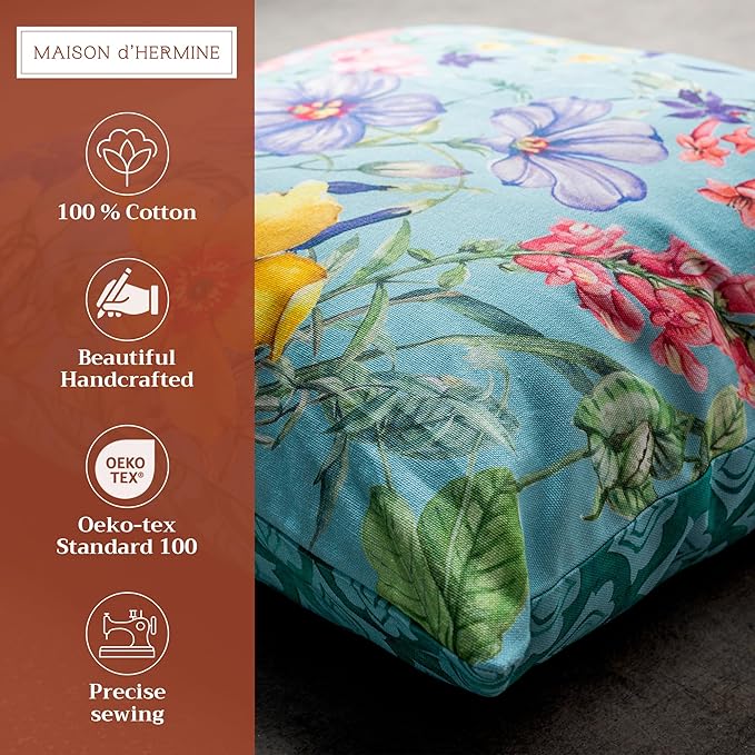 Maison d' Hermine Decorative Pillow Covers 20x20 Inch Square 100% Cotton Throw Pillow Covers with Invisible Zipper Cushion Case for Living Room Couch, Chair, Sofas, Bedroom, Home (Hesperides - Fleur)
