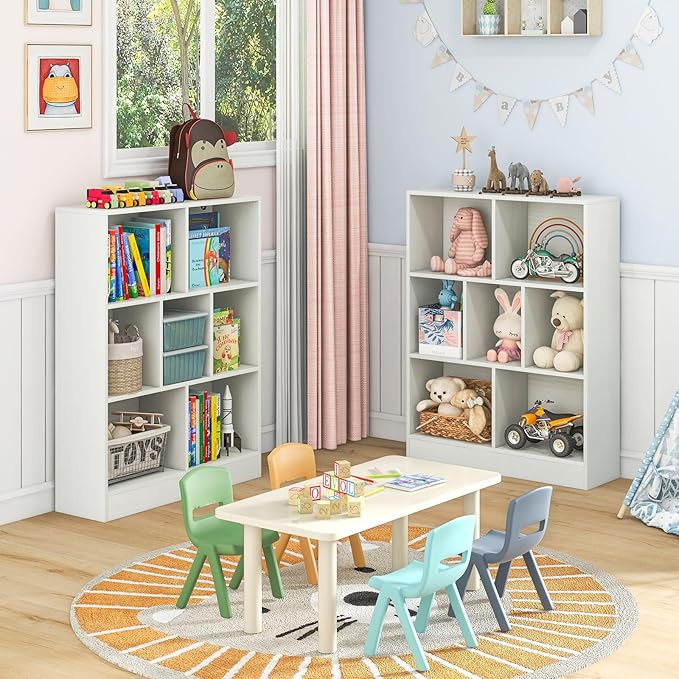 Costzon Wooden Toy Storage Organizer, 7-Cube Kids Bookshelf w/ 2 Anti-Toppling Kits, 3 Tier Open Shelves & Non-Slip Foot Pads, Book Shelf for Kids Rooms, Playroom, Classroom, Nursery (White)