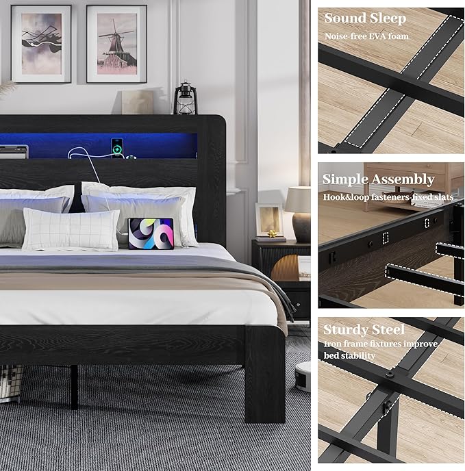 Full Size Wooden Bed Frame with Bookcace Storage Headboard, Rustic Farmhouse Bedframe with LED Lights and Charging Station, Sturdy and Stable, Slat Support, No Box Spring Required (Black, Full)