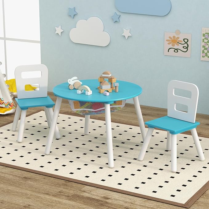Costzon Kids Table and Chair Set, Wood Activity Table w/Center Mesh Storage, Children Furniture Gift for Boys & Girls, Ideal for Arts, Crafts, Snack Time, Homework, Toddler Table and Chair Set, Blue