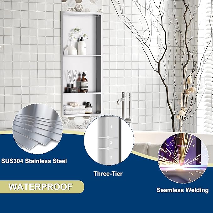 Stainless Steel Shower Niche 12" X 29", No Tile Needed Wall Niche Three-Tier, Recessed Shower Shelf for Bathroom Storage, Brushed Nickel