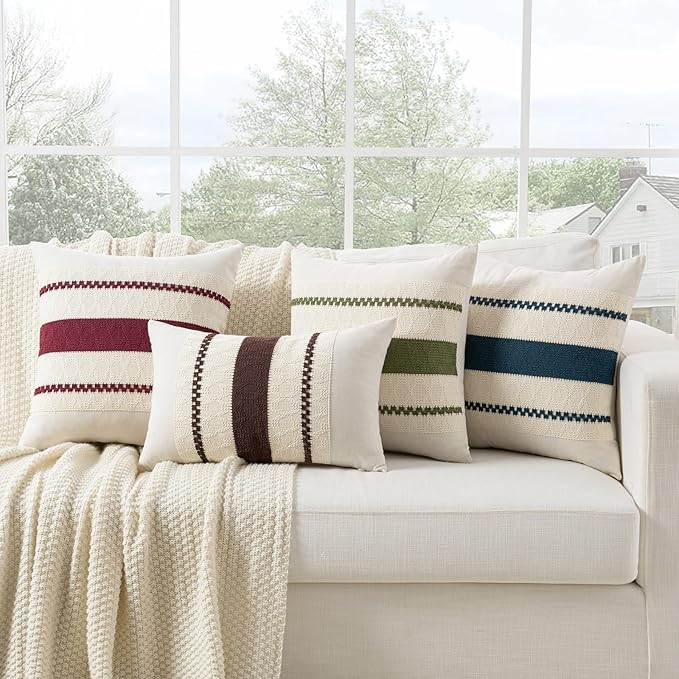 Fancy Homi Set of 2 Burgundy Boho Decorative Throw Pillow Covers 20x20 Inch for Couch Bed Sofa, Aesthetic Modern Farmhouse Christmas Room Decor, Soft Cotton Cute Textured Wind Red Cushion Case