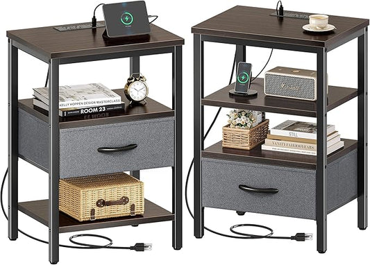 SUPERJARE Nightstand Set of 2, Bed Side Tables with Charging Station, Adjustable Fabric Drawer, Night Stand for Bedroom, 3-Tier Storage End Tables, Walnut