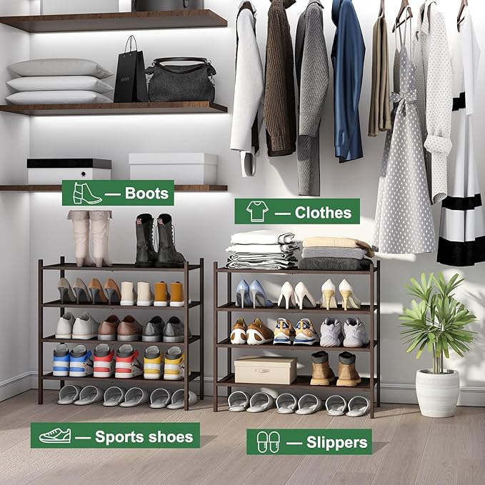 Shoe Rack for Entryway, Bamboo Wood Shoe Rack 4-Tier, Stackable Shoe Organizer for Closet, Free Standing Shoe Racks for Indoor & Outdoor
