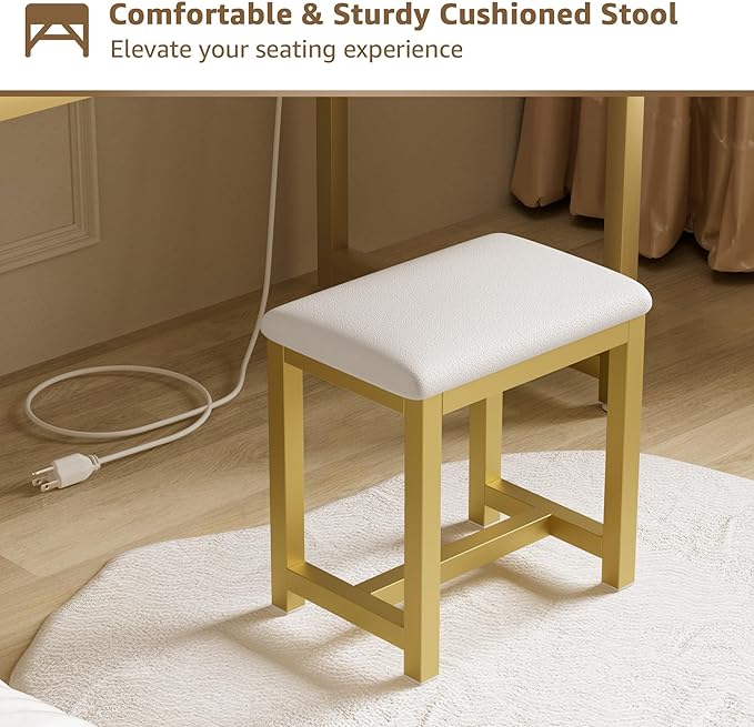 Makeup Vanity Desk with Mirror and Lights - Girls White and Gold Vanity Table Set with Chair, Fabric Drawers, Power Outlet, Small Modern Make Up Dressing Table for Bedroom