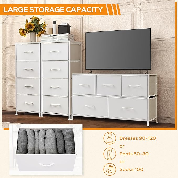 DUMOS Dresser for Bedroom, 4 Storage Drawers, Tall Fabric Closet Chests Organizer Tower Furniture with Wooden Top Metal Frame for Clothes, Nursery Room, Living Room, Hallway, Entryway