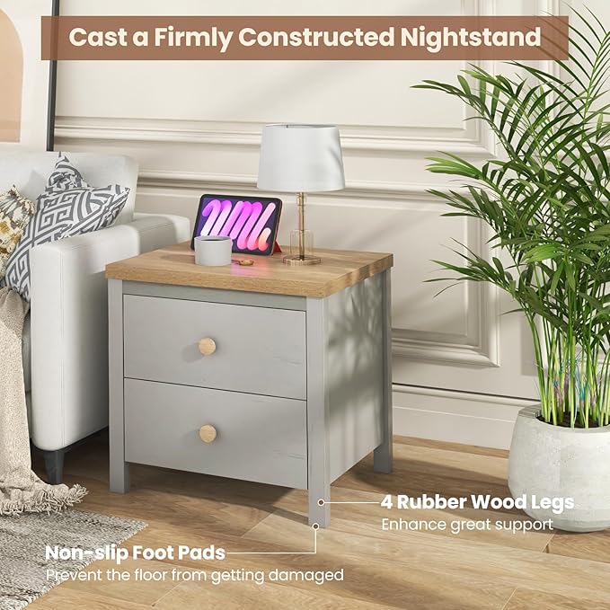 Giantex Night Stand with 2 Drawers Set of 2, Farmhouse Bedside Table with Cute Round Knobs, Wooden Floor End Table with Rubber Wood Legs, Small Sofa Side Table for Small Space Kids Bedroom, Grey