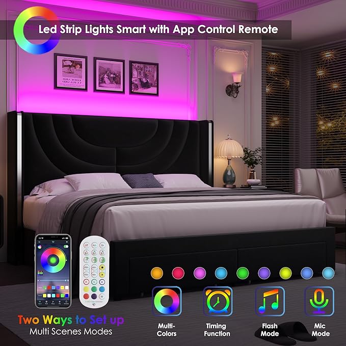 HITHOS King Upholstered LED Bed Frame with 2 Storage Drawers, Velvet Platform Bed with Wingback Headboard, Solid Wooden Slats Support, No Box Spring Needed, Headboard Splicing Design