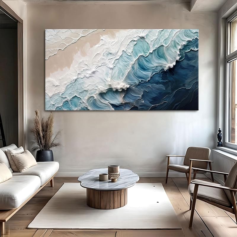Tailored Canvases Crashing Coastal Waves Impasto Wall Art for Living Room, Abstract Seascape Canvas, Beach Paintings, Wave Artwork, Coastal Ocean Decor, Nautical Blue and White Accent Print 48x24