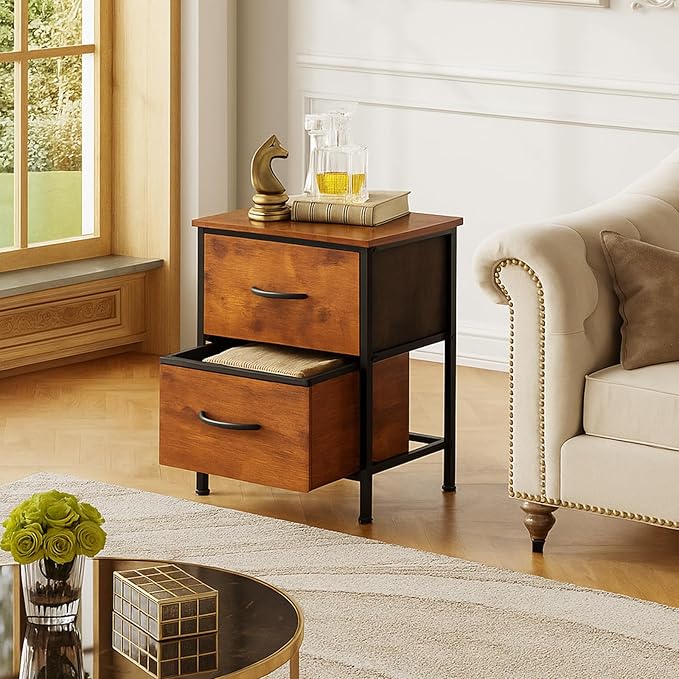Nightstand with Fabric Bins, Bedside Furniture, Night Stand, End Table Nightstand Storage Tower Unit Organizer with 2 Fabric Bins for Living Room (Rust Brown)