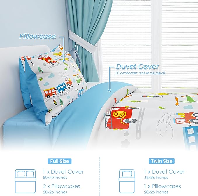 SANDJEST Transportation Duvet Cover Sets Full Size for Kids Boys, Incude 1 Polyester Comforter Cover 80x90 Inches and 2 Pillowcases 20x26 Inches, Comforter Not Included, Gift for Christmas Birthday