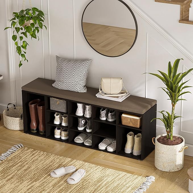 DINZI LVJ Shoe Storage Bench with Cushion, 13-Cubby Shoe Rack, Adjustable Shelves, Multifunctional Shoe Organizer Bench for Entryway, Mudroom, Hallway, Living Room, Bedroom and Garage, Espresso
