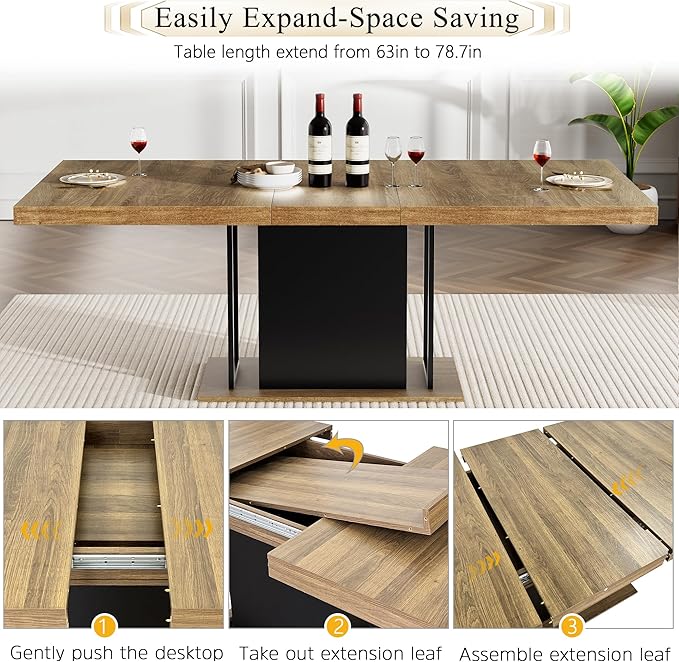 Goujxcy 78.7" Farmhouse Extendable Dining Room Table Set for 8, 9-Piece Rectangle Kitchen Dining Room Table Set with Wood Base and 8 Green Velvet Dining Chairs, Extending Kitchen & Dining Table Set