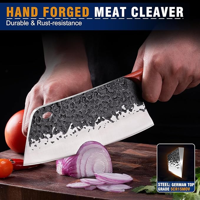 Meat Cleaver Knife Set, 2PCS Hand Forged Japanese Butcher Knife Set for Meat Cutting, Viking, Boning. Serbian Chef Knives & Sharp Kitchen Vegetable Knives for Home, Outdoor Cooking, BBQ Gift.