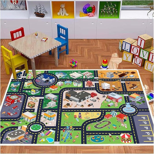 Kids Rug Playroom Car Rug Play Mat City Life Road Rug for Cars Fun City Map for Track Toys,Carpet for Bedroom Boys (city01, 6.6×9.8ft/78×118in)