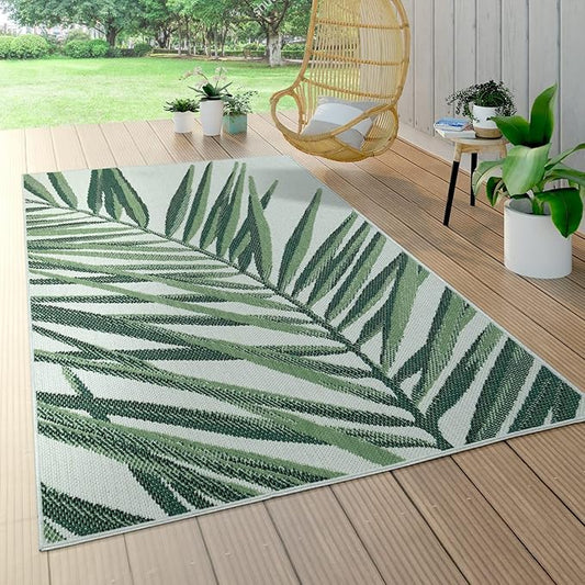 Paco Home Outdoor Rug Green Beige with Palm Leaf Pattern for Patio Flat Weave, Size: 7'10" x 11'2"