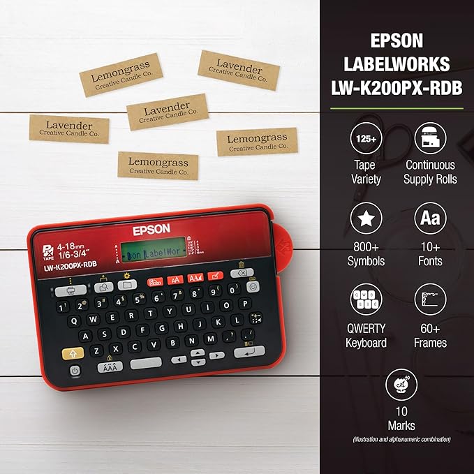 LABELWORKS Epson LW-K200PX-RDB Simple Labeler Bundle - QWERTY Label Makers and Black on Clear Matte Label Tape