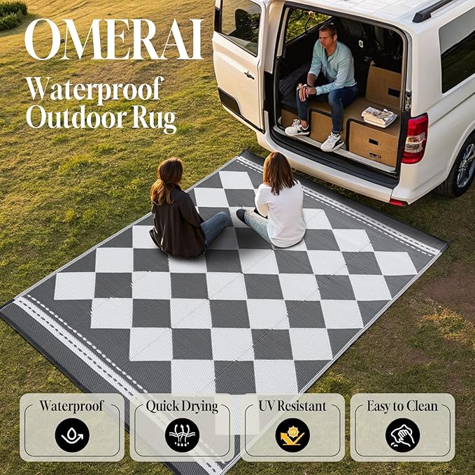OMERAI Reversible Waterproof Outdoor Rug for Backyard,Plastic Textured Resistant Outdoors Rugs,Portable Washable Easy Cleaning Foldable Camping Beach Carpet for Patio Courtyard, 5'x8' Gray & White