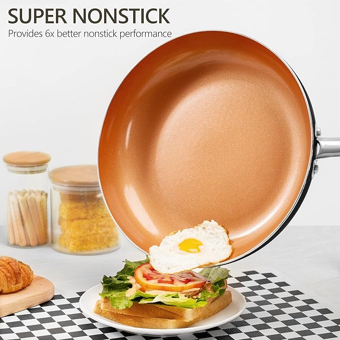 MICHELANGELO 10 Inch Copper Nonstick Frying Pan with Lid, Scratch Resistant Ceramic Coating, Oven and Dishwasher Safe