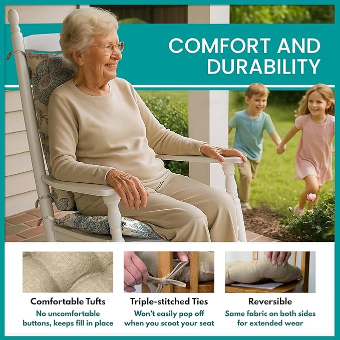 Sylvan Teal Porch Rocker Cushion Set- Extra-Large - Indoor/Outdoor: Fade Resistant, Weatherproof - Latex Foam Filled Rocking Chair Seat Cushion & Backrest Pad Set - Made in USA (Turquoise/XL)