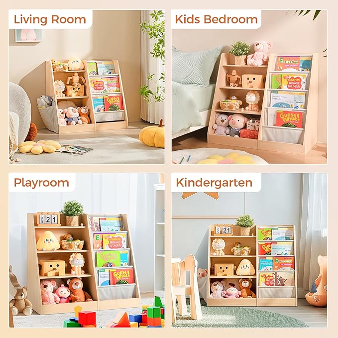 4 Tier Kids Wooden Bookshelf with Extra Pocket, Baby Toddler Bookshelf and Toy Storage Organizer with Four Layer Sling Bookcase for Kids Room Playroom Nursery Classroom