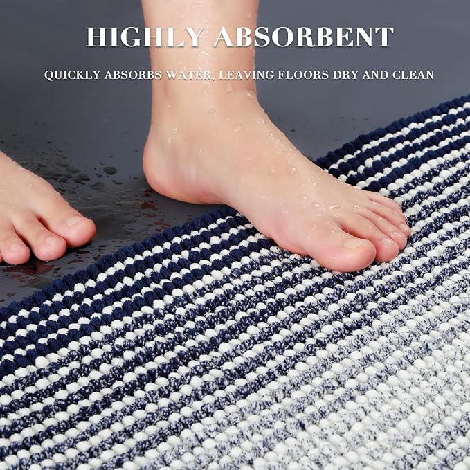 BSICPRO Bathroom Rugs and Mats Sets, 2 Piece Thick Absorbent Chenille Bath Mat Rug Set Non Slip, Soft Shaggy Bath Room Floor Mats for Bathroom, Machine Washable (Navy, 20" x 60" Plus 20" x 32")