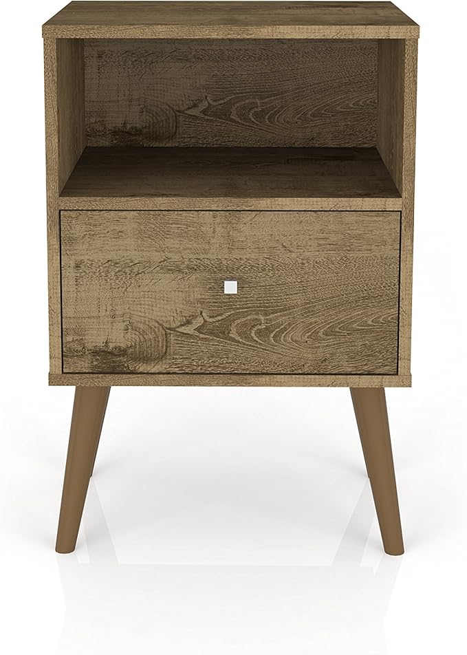 Manhattan Comfort Liberty Mid Century Modern Nightstand with Drawer and Cubby, Bedside Table for Bedroom and Living Room, Night Stand Accent Decor, Easy Assembly, Rustic Brown