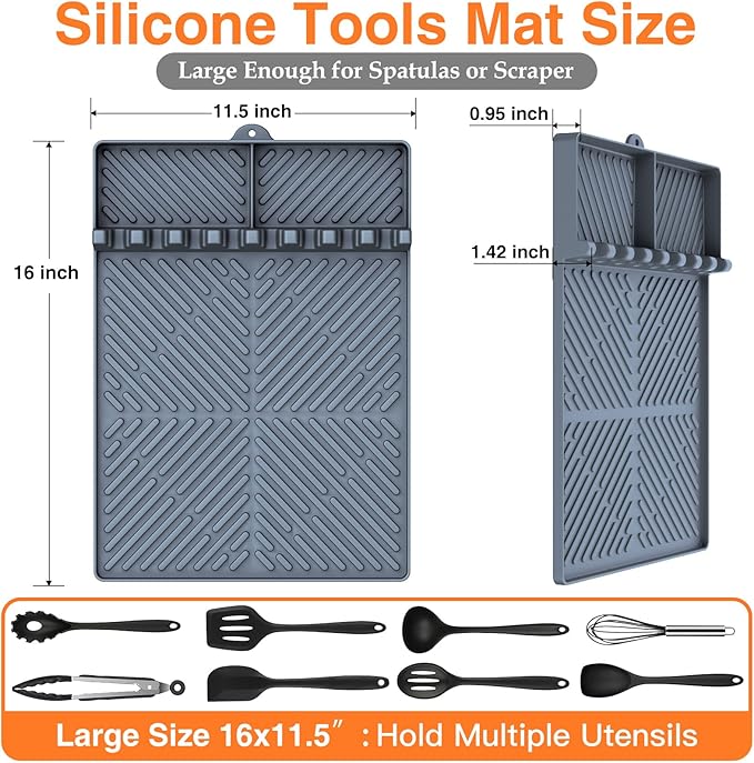 Blackstone Silicone Griddle Tools - Spatula Mat with Drip Pad & Grill Utensil Holder Side Shelf for Kitchen, Cooking, Countertop, Griddle Accessories - Grey, 2 Pack