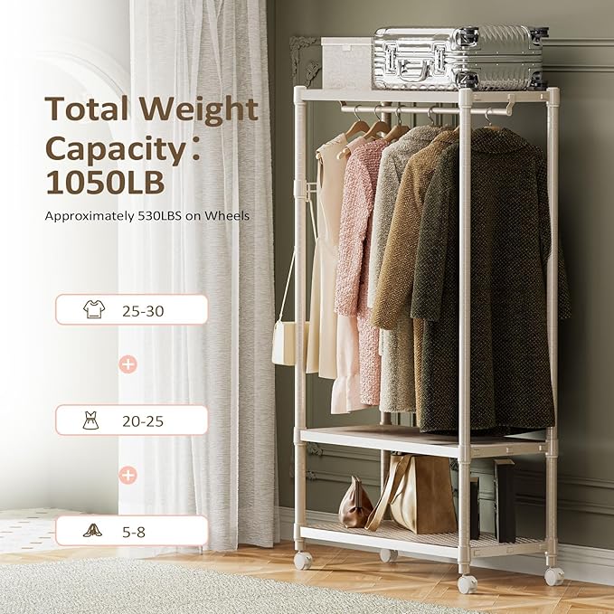 IZEUK Heavy Duty Clothing Rack with Wheels, Rolling Closet Organizer and Garment Rack for Hanging Clothes with 1 Hang Rods & Side Hooks, Metal Wardrobe, 17.7" D x 33.5" W x 70.3" H, Gold