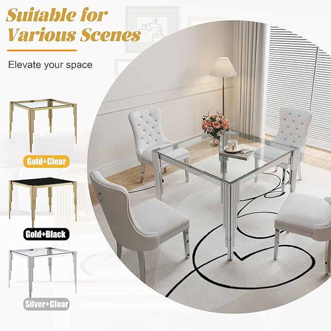 5 Piece Glass Dining Table Set, Morden Kitchen Table Set for 4 with 35" Clear Glass Dining Table and 4 White Velvet Upholstered Chairs for Kitchen, Silver Legs